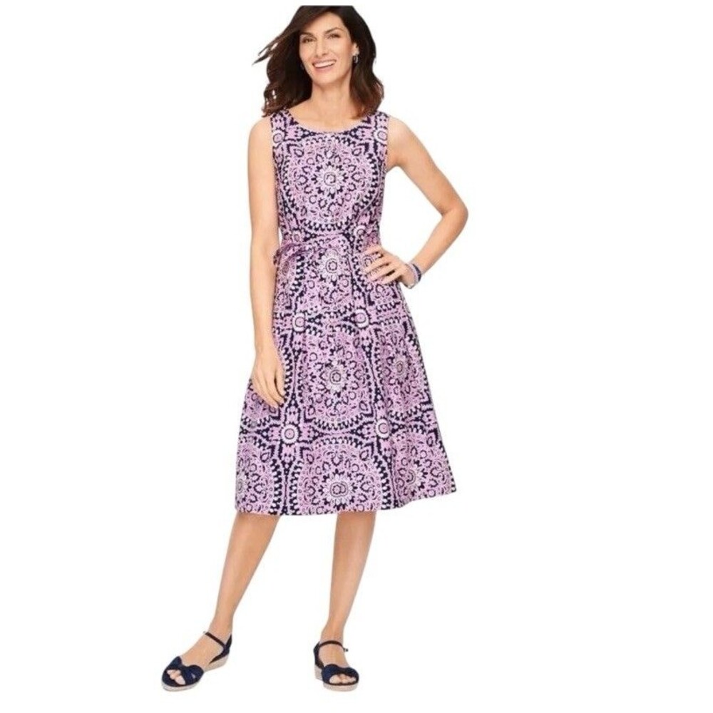 Talbots Poplin Fit & Flare Medallion Print Dress Button Up Belted Sleeveless 16
